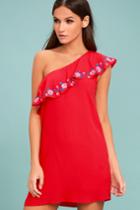 Lulus | Alpinia Coral Red Embroidered One-shoulder Dress | Size Large | 100% Rayon