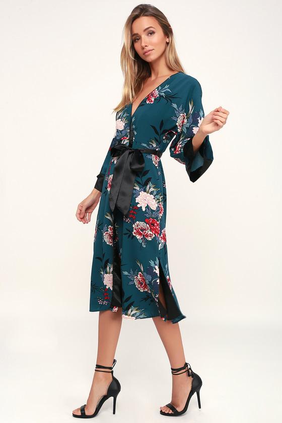 Lotus Party Teal Blue Floral Print Midi Robe Wrap Day Dress | Lulus