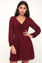 Wine And Dine Burgundy Swiss Dot Long Sleeve Skater Dress | Lulus