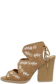 Qupid Maja Camel Suede Embroidered High Heel Sandals