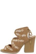 Qupid Maja Camel Suede Embroidered High Heel Sandals
