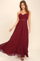 Lulus | Stealing Kisses Wine Red Lace Maxi Dress | Size X-small | 100% Polyester