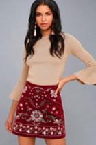 Blu Pepper | Mountain High Burgundy Embroidered Corduroy Mini Skirt | Size Small | 100% Cotton | Lulus