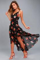 Lulus | California Sunset Black Floral Print High-low Dress | Size Large | 100% Polyester