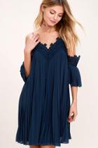 Lulus Give Thanks Navy Blue Lace Off-the-shoulder Dress