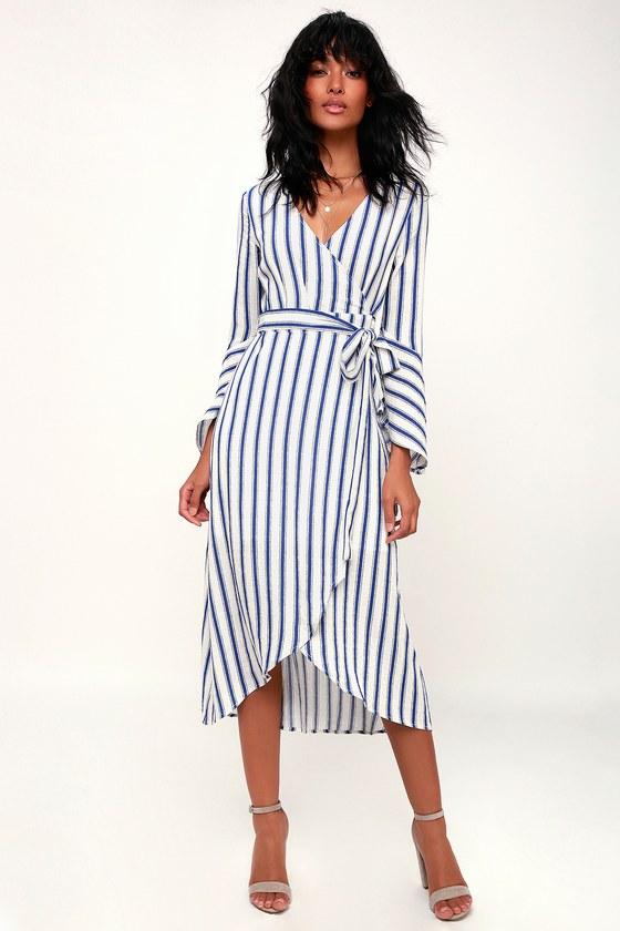 Moon River Rosso Blue And White Striped Flounce Sleeve Wrap Midi Dress | Lulus