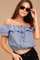 Lulus | Amore Than Ever Blue Striped Off-the-shoulder Crop Top | Size Large