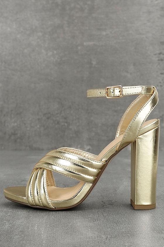 Delicious | Genevieve Gold Ankle Strap Heels | Size 5.5 | Vegan Friendly | Lulus
