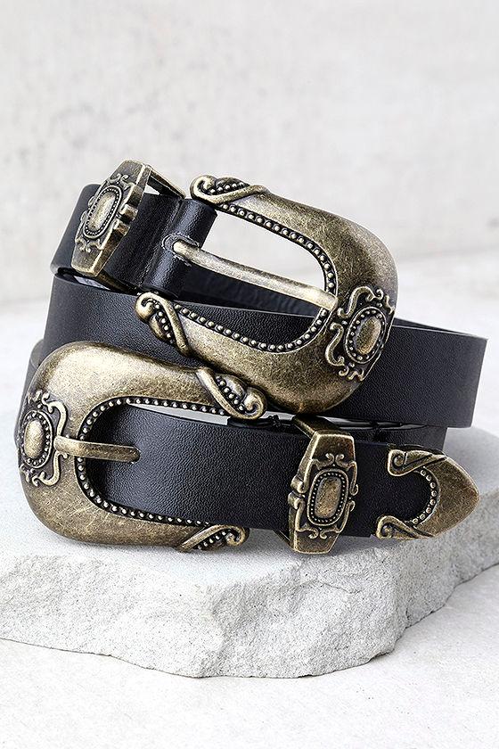 Lulus | Into The West Black And Gold Double Buckle Belt