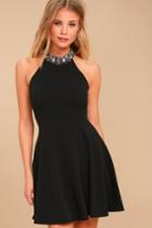 Lulus | Bling Fling Black Rhinestone Skater Dress | Size Large | 100% Polyester