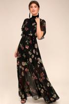 Lulus | Every Little Thing Black Floral Print Maxi Dress | Size Medium | 100% Polyester