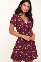 Dolly Burgundy Floral Print Short Sleeve Surplice Dress | Lulus