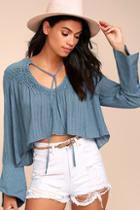 Lulus Lombard Street Denim Blue Long Sleeve Crop Top