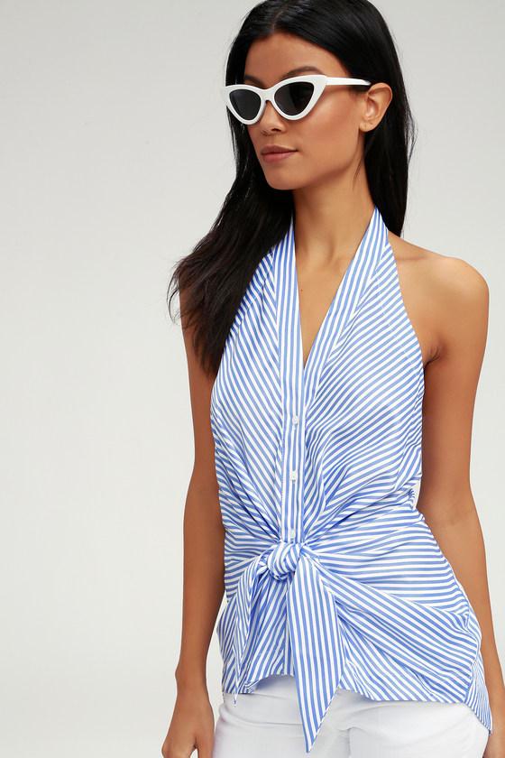 Re:named Modern Voyage Blue And White Tie-front Top | Lulus