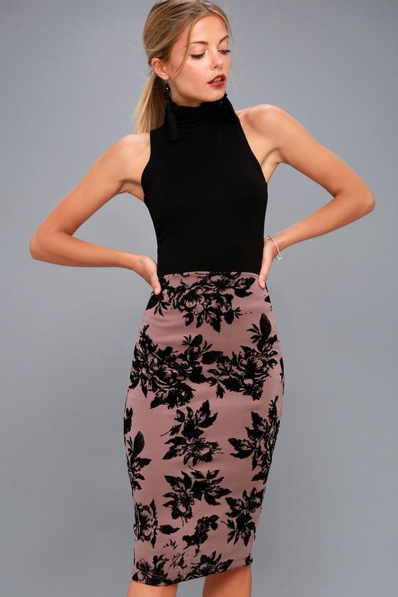 Lulus | Enchantress Mauve Velvet Floral Print Bodycon Skirt
