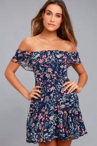 Lulus My Favorite Navy Blue Floral Print Off-the-shoulder Dress