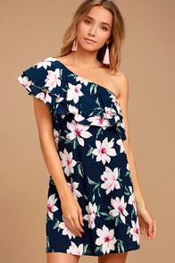 Lulus Undiscovered Island Navy Blue Floral Print One-shoulder Dress