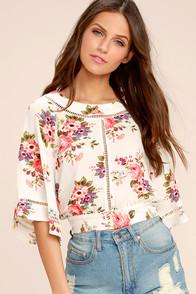Jealous Tomato Long Time Crush Ivory Floral Print Crop Top