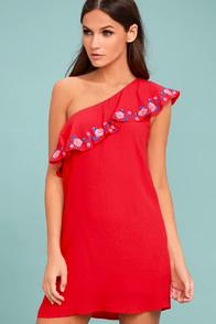 Lulus Alpinia Coral Red Embroidered One-shoulder Dress