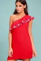 Lulus Alpinia Coral Red Embroidered One-shoulder Dress