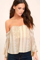 A Calin Take A Journey Cream Print Off-the-shoulder Crop Top