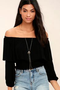 Lulus Shy Sweetheart Black Off-the-shoulder Crop Top