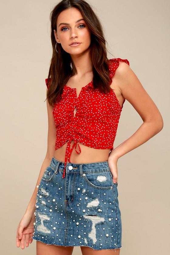 Mustard Seed Prima Medium Wash Distressed Pearl Denim Mini Skirt | Lulus
