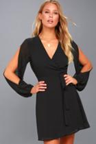 Lulus | Told You So Black Long Sleeve Wrap Dress | Size Large | 100% Polyester