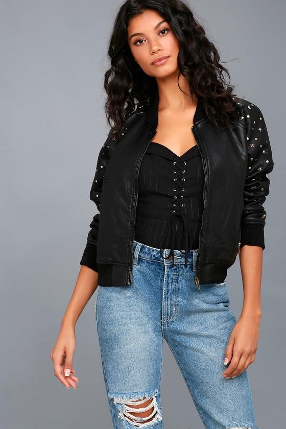 Blank Nyc | Starry Eyed Black Vegan Leather Studded Bomber Jacket | Size Small | 100% Polyester | Vegan Friendly | Lulus
