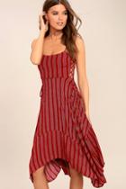 Lulus At Ease Red Striped Lace-up Midi Dress