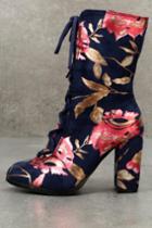 Lulus | Valorie Navy Suede Print Lace-up Mid-calf High Heel Boots | Size 6 | Blue | Vegan Friendly