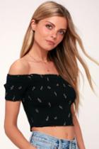 O'neill Estee Black Floral Print Smocked Off-the-shoulder Top | Lulus