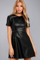 Lulus | Our Love Black Studded Vegan Leather Skater Dress | Size Large | Vegan Friendly