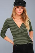 Lulus | Ad-lib Olive Green Striped Long Sleeve Wrap Top