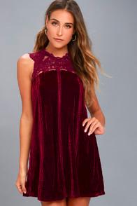 Lulus Who's Who Burgundy Crocheted Lace Velvet Shift Dress