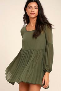 Lulus Aim To Pleats Olive Green Long Sleeve Dress