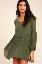 Lulus Aim To Pleats Olive Green Long Sleeve Dress