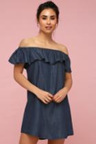 Standout Style Dark Blue Chambray Off-the-shoulder Dress | Lulus
