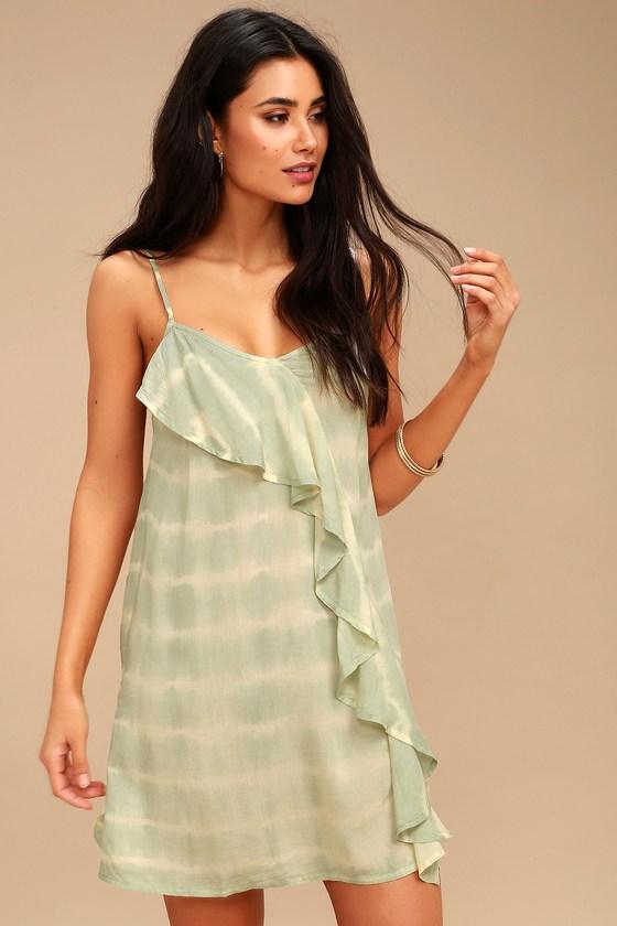 Billabong Glass Water Sage Green Tie-dye Ruffled Mini Dress | Lulus