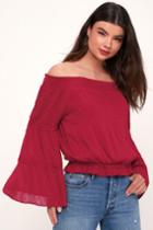 Sunny Story Dark Red Lace Bell Sleeve Off-the-shoulder Top | Lulus