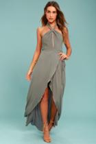 Lulus | Marisha Washed Olive Green Halter Wrap Dress | Size Large | 100% Rayon