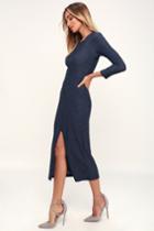 Keen Washed Navy Blue Striped Ribbed Midi Dress | Lulus