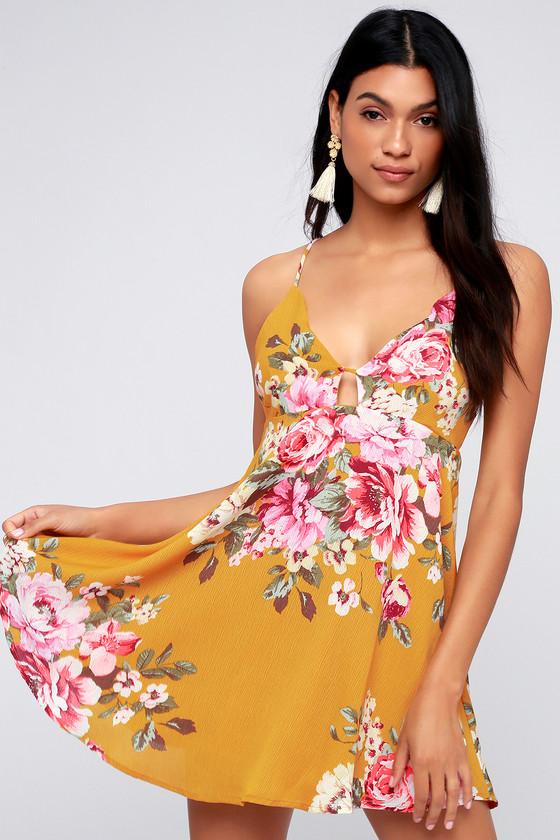 Lily Pond Mustard Yellow Floral Print Swing Dress | Lulus