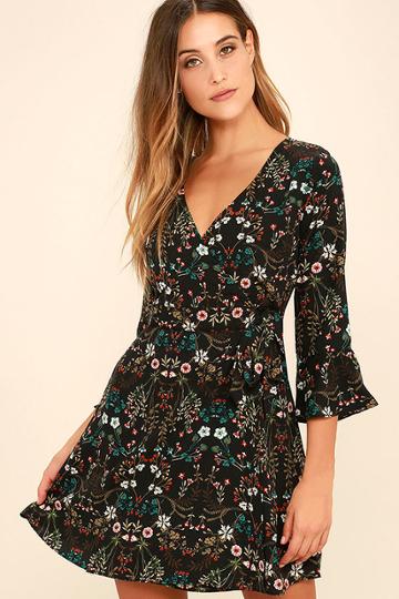 Lumier Lady Of The Greenhouse Black Floral Print Wrap Dress | Lulus