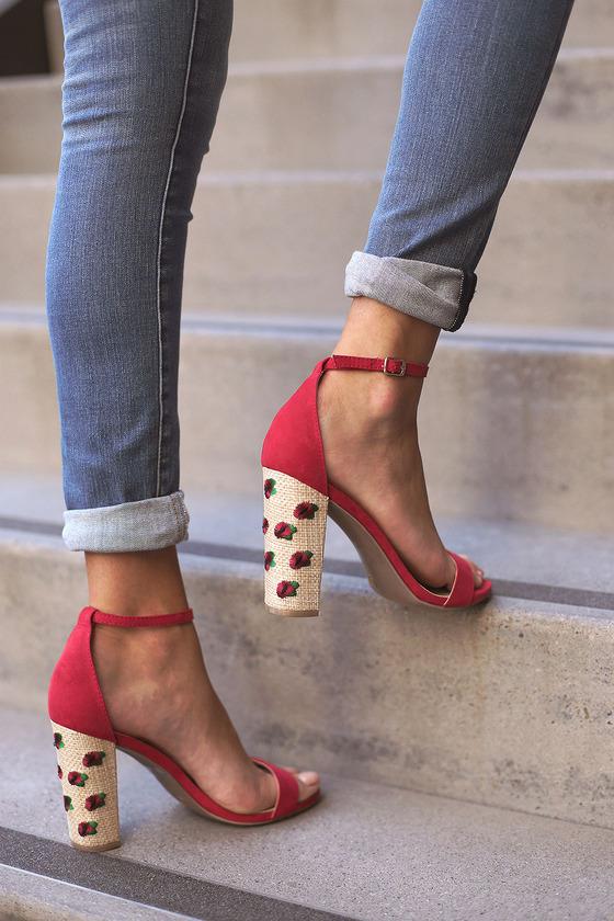 Wild Diva Lounge | Fawna Red Suede Embroidered Ankle Strap Heels | Size 6 | Vegan Friendly | Lulus