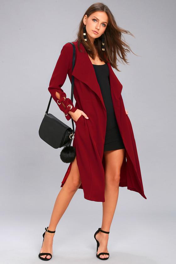 Lulus | Good Reputation Wine Red Trench Coat | Size Large | 100% Polyester