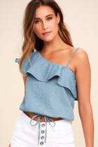 J.o.a. | Celebrate Blue Chambray Polka Dot One Shoulder Top | Size Large | Lulus