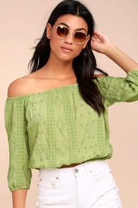 Lulus Jamboree Sage Green Embroidered Off-the-shoulder Crop Top