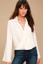 Lulus | Down To Business Ivory Long Sleeve Wrap Top | Size Large | White | 100% Polyester