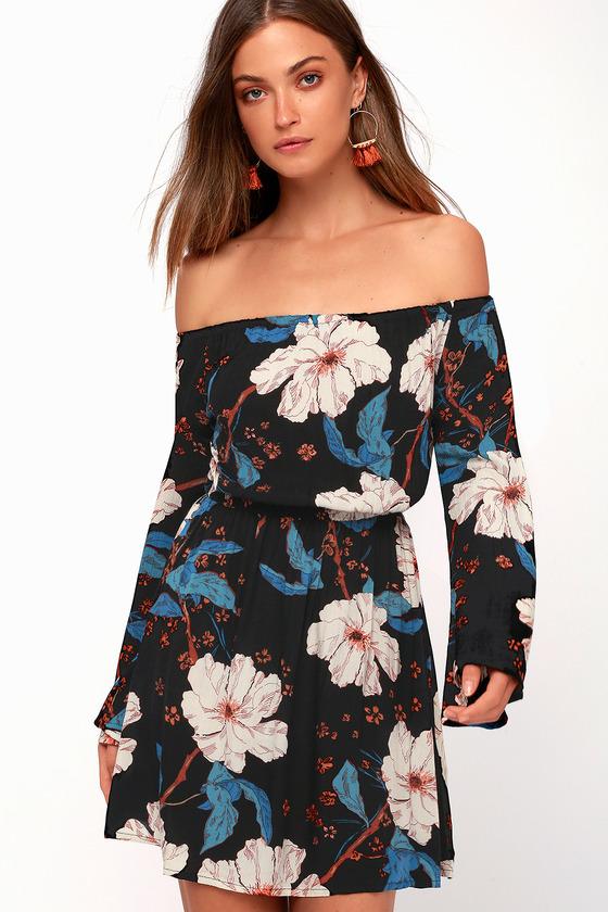 Billabong Marked For More Black Floral Print Off-the-shoulder Dress | Lulus